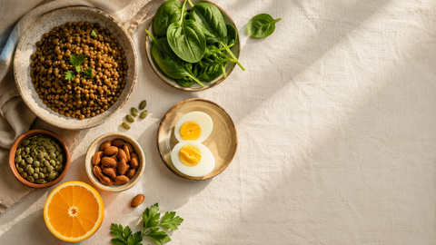 Lentejas, espinacas, semillas de calabaza, almendras, huevo y naranja sobre fondo claro, fuentes naturales de hierro y vitaminas del grupo B.