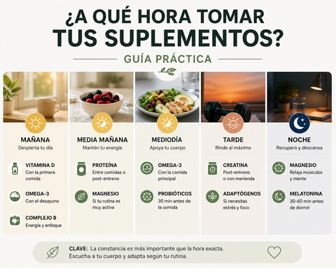 Guía visual de a qué hora tomar cada suplemento a lo largo del día