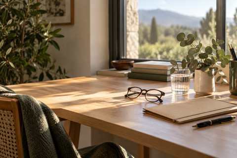 Escritorio de madera junto a una ventana con unas gafas de lectura, una carpeta cerrada, un boligrafo y un vaso de agua