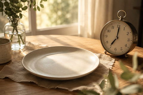 Mesa con reloj y plato vacío en un momento de ayuno consciente por la mañana