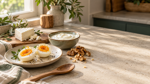 Encimera de cocina con un desayuno rico en proteína: huevos cocidos partidos, un bol de yogur natural, nueces y queso fresco