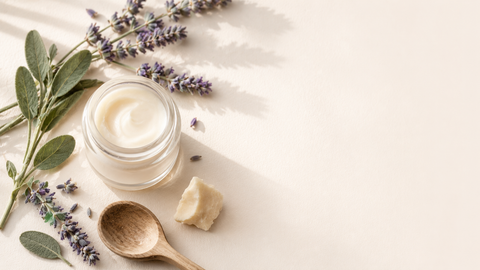 Tarro de crema cosmética natural con lavanda, salvia y manteca de karité sobre fondo claro.