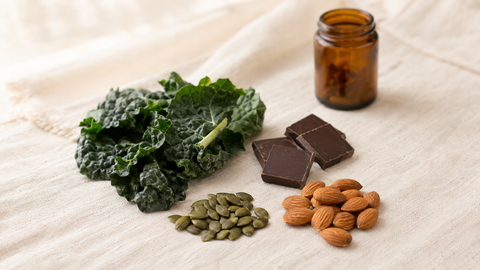 Semillas de calabaza, almendras, chocolate negro y hojas verdes sobre fondo claro, fuentes naturales de magnesio.