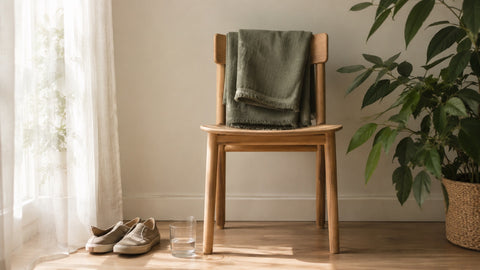 Silla de madera junto a una ventana con visillo, con una manta doblada sobre el respaldo, un vaso de agua y unas zapatillas de tela en el suelo