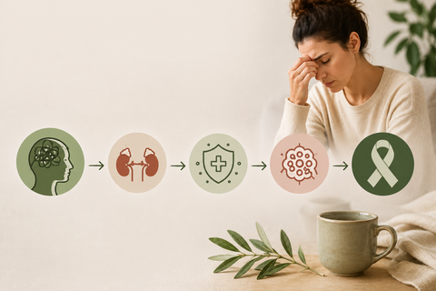 Mujer con signos de estrés y esquema del cortisol, del cerebro al sistema inmune