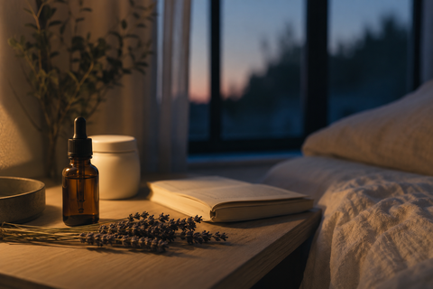Mesilla de noche de madera al anochecer con un frasco cuentagotas ámbar, un bote blanco sin marca, ramitas de lavanda seca y un libro abierto boca abajo, junto a una cama con ropa de cama color crema.