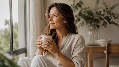 Mujer de mediana edad sentada junto a una ventana con luz natural, sosteniendo una taza entre las manos