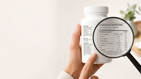 Mano sosteniendo un bote de suplemento y leyendo la etiqueta con una lupa sobre la información nutricional