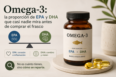 Frasco de Omega-3 con una balanza entre EPA y DHA sobre fondo claro