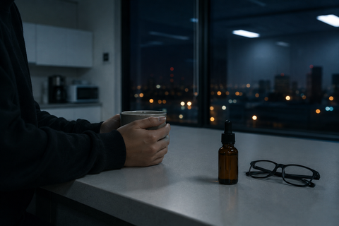 Madrugada en la sala de descanso de un centro de trabajo: unas manos sujetan una taza sobre la encimera, junto a un frasco cuentagotas ámbar y unas gafas oscuras, con la ciudad de noche al otro lado del ventanal.