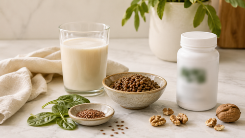 Bebida vegetal, lentejas, semillas de lino, espinacas y nueces junto a un bote de suplemento de vitamina B12