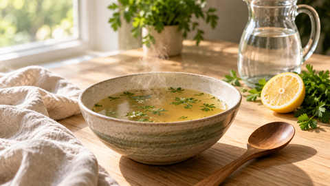 Cuenco de caldo caliente con perejil sobre una mesa de madera junto a una ventana, con medio limón y una jarra de agua al lado