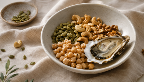 Cuenco con alimentos ricos en zinc: semillas de calabaza, anacardos, nueces, garbanzos y una ostra