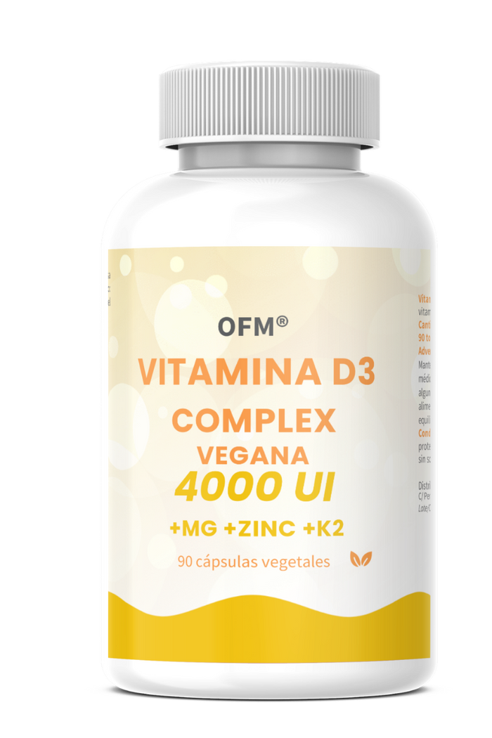 Vitamina D3 Complex Vegana · 4000 UI D3 + Magnesio + K2 + Zinc · 90 cápsulas