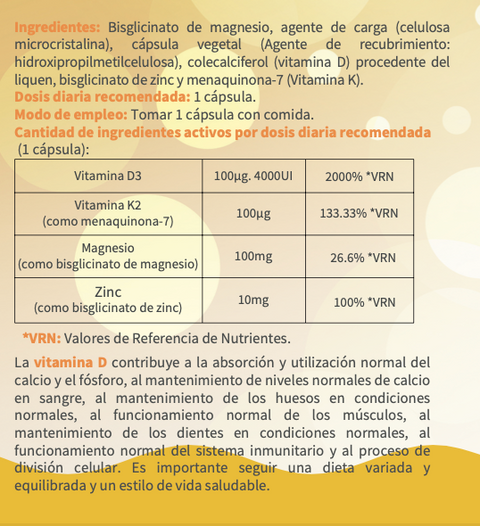 Vitamina D3 Complex Vegana. 4000 UI D3+Mg+K2+Zn. 90 cápsulas