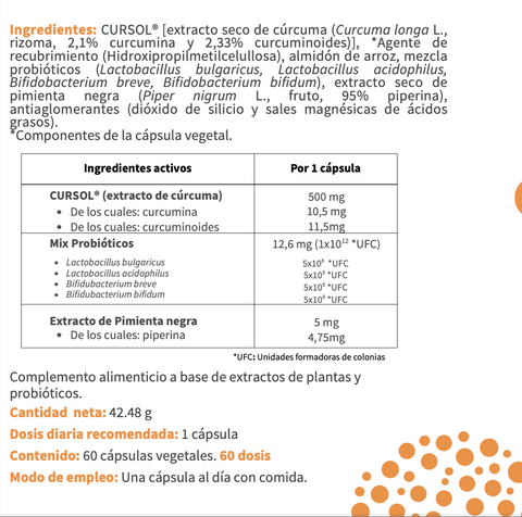 Extracto de Cúrcuma Cursol® +Mix Probióticos+ Pimienta. 60 Cápsulas