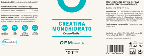 Etiqueta de Creavitalis® Creatina monohidrato 300 g de OFM Health: ingredientes, información nutricional y modo de empleo