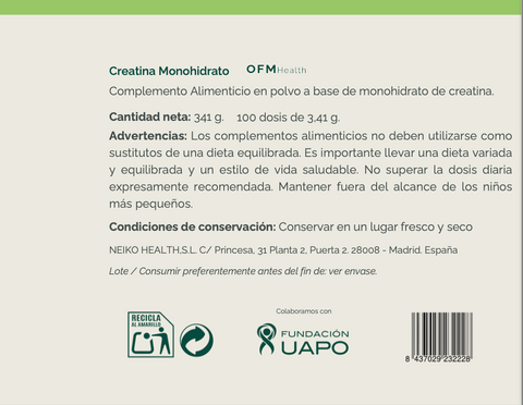 Creatina monohidrato OFM 341 g micronizada 200 mesh