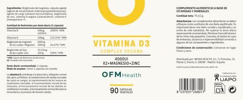 Vitamina D3 Complex Vegana · 4000 UI D3 + Magnesio + K2 + Zinc · 90 cápsulas