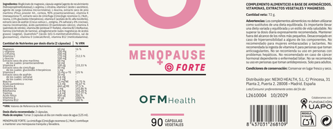 Etiqueta Menopause Forte: ingredientes e información nutricional, OFM Health