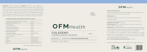 Etiqueta del colágeno marino NATICOL con cúrcuma y boswellia de OFM Health, 198 g: ingredientes, tabla nutricional y modo de empleo