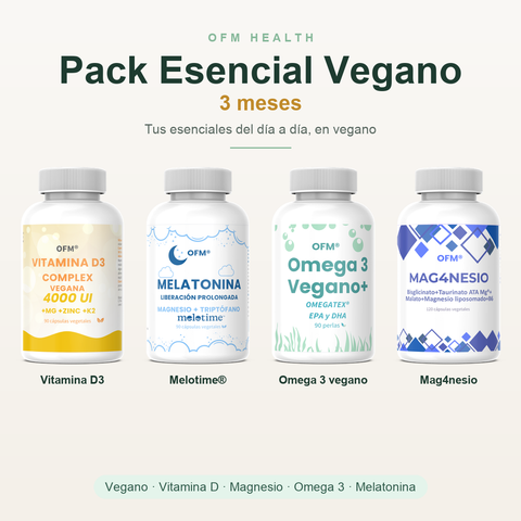 Pack Esencial Vegano 3 meses · Vitamina D3, Melotime, Omega 3 vegano y Mag4nesio · OFM Health