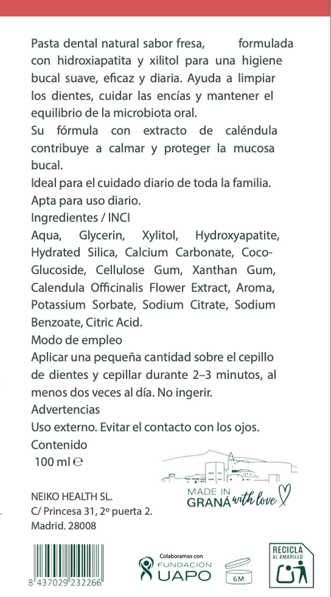 Pasta de dientes natural OFM Health con hidroxiapatita y xilitol, sabor fresa, 100 ml